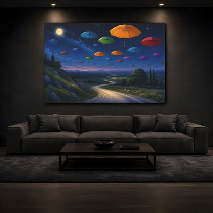 Mockup 3. Fairytale Floating Umbrellas Colorful Night Sky shown as stretched canvas wall art