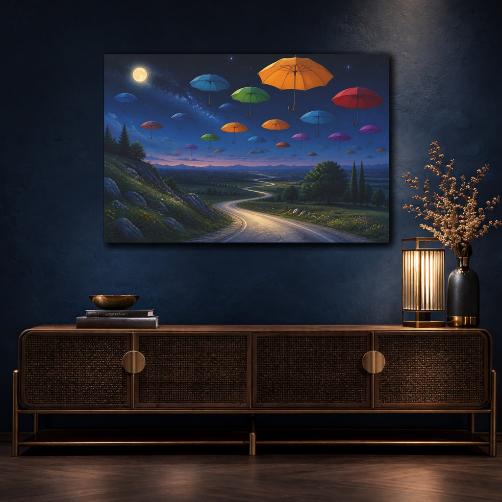 Mockup 4. Fairytale Floating Umbrellas Colorful Night Sky shown as stretched canvas wall art