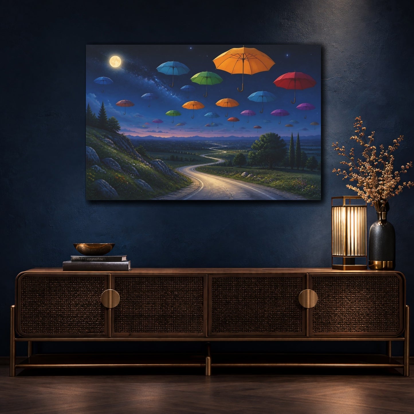 Mockup 4. Fairytale Floating Umbrellas Colorful Night Sky shown as stretched canvas wall art