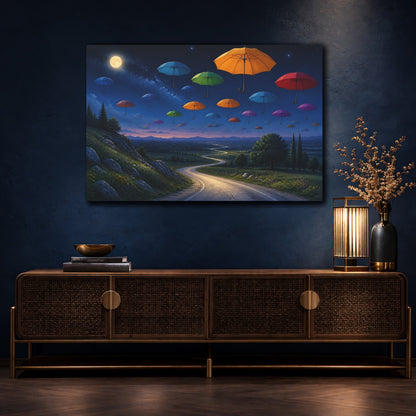 Mockup 4. Fairytale Floating Umbrellas Colorful Night Sky shown as stretched canvas wall art