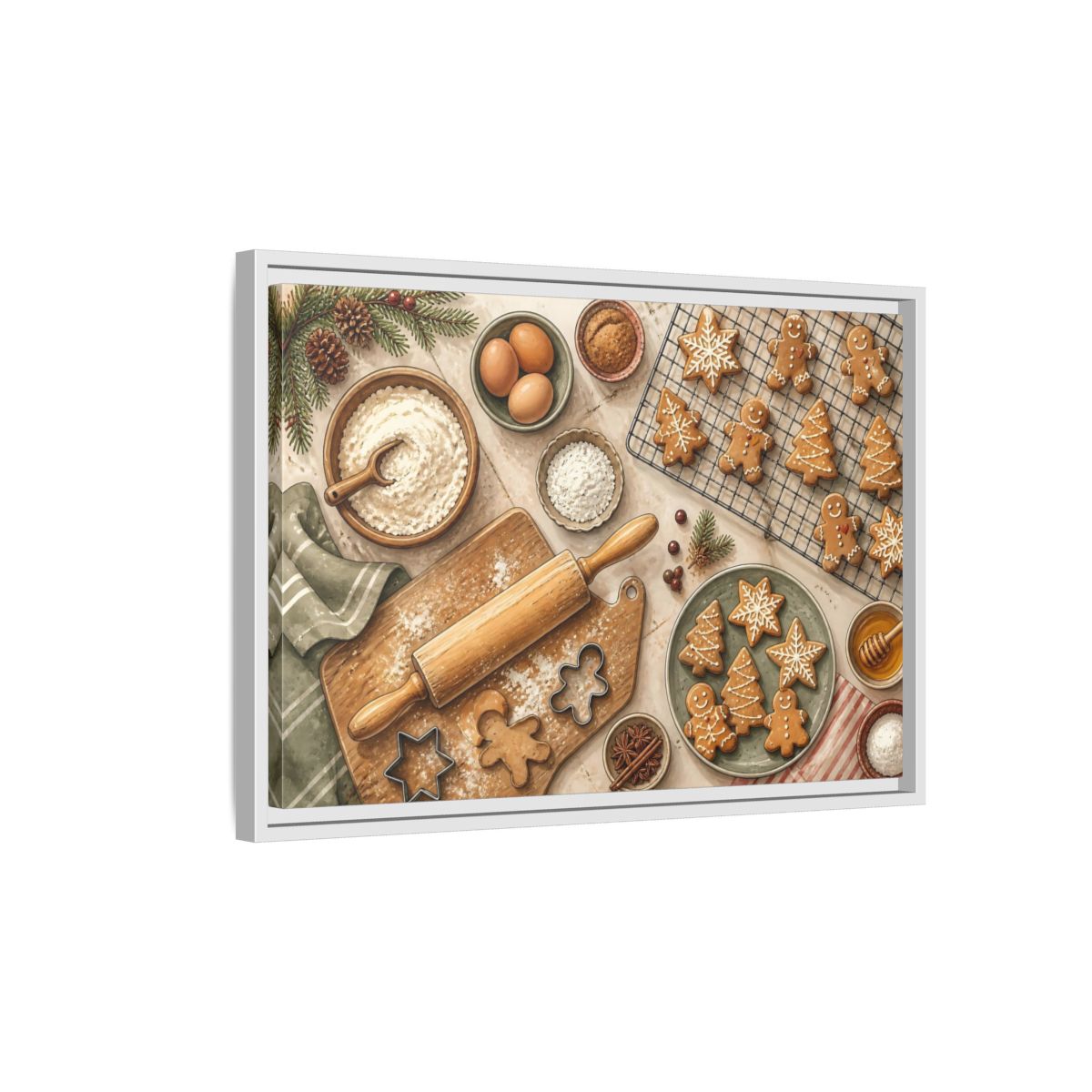Side Mockup 1. Fairytale Gingerbread Cookies Warm Holiday Baking shown as stretched canvas wall art