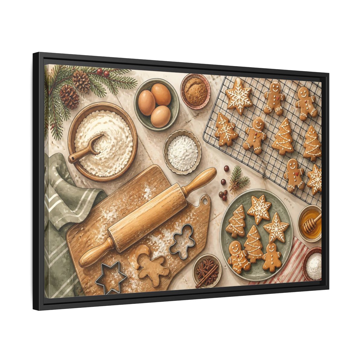 Side Mockup 14. Fairytale Gingerbread Cookies Warm Holiday Baking shown as stretched canvas wall art