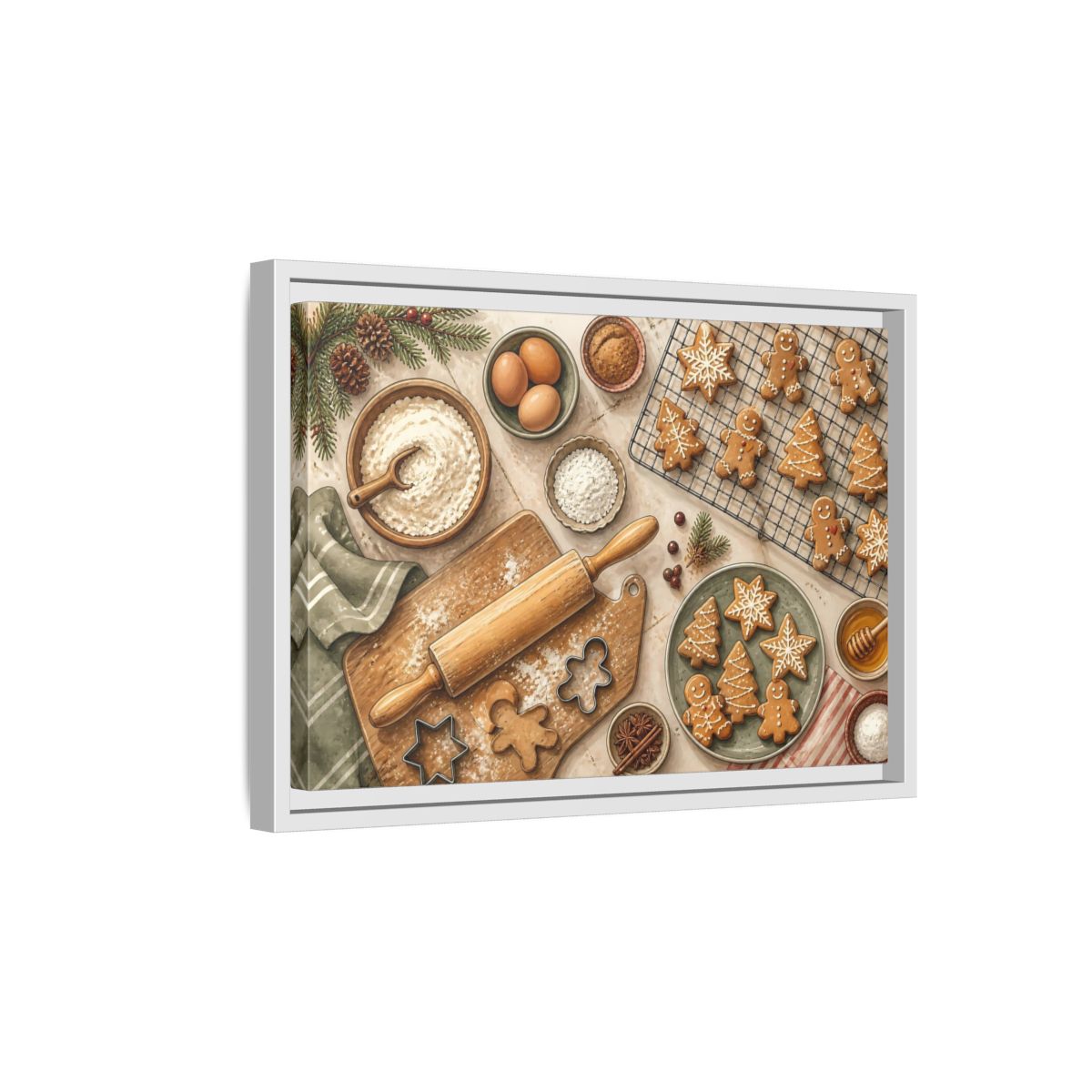 Side Mockup 4. Fairytale Gingerbread Cookies Warm Holiday Baking shown as stretched canvas wall art