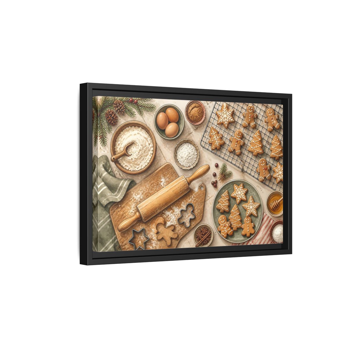 Side Mockup 6. Fairytale Gingerbread Cookies Warm Holiday Baking shown as stretched canvas wall art
