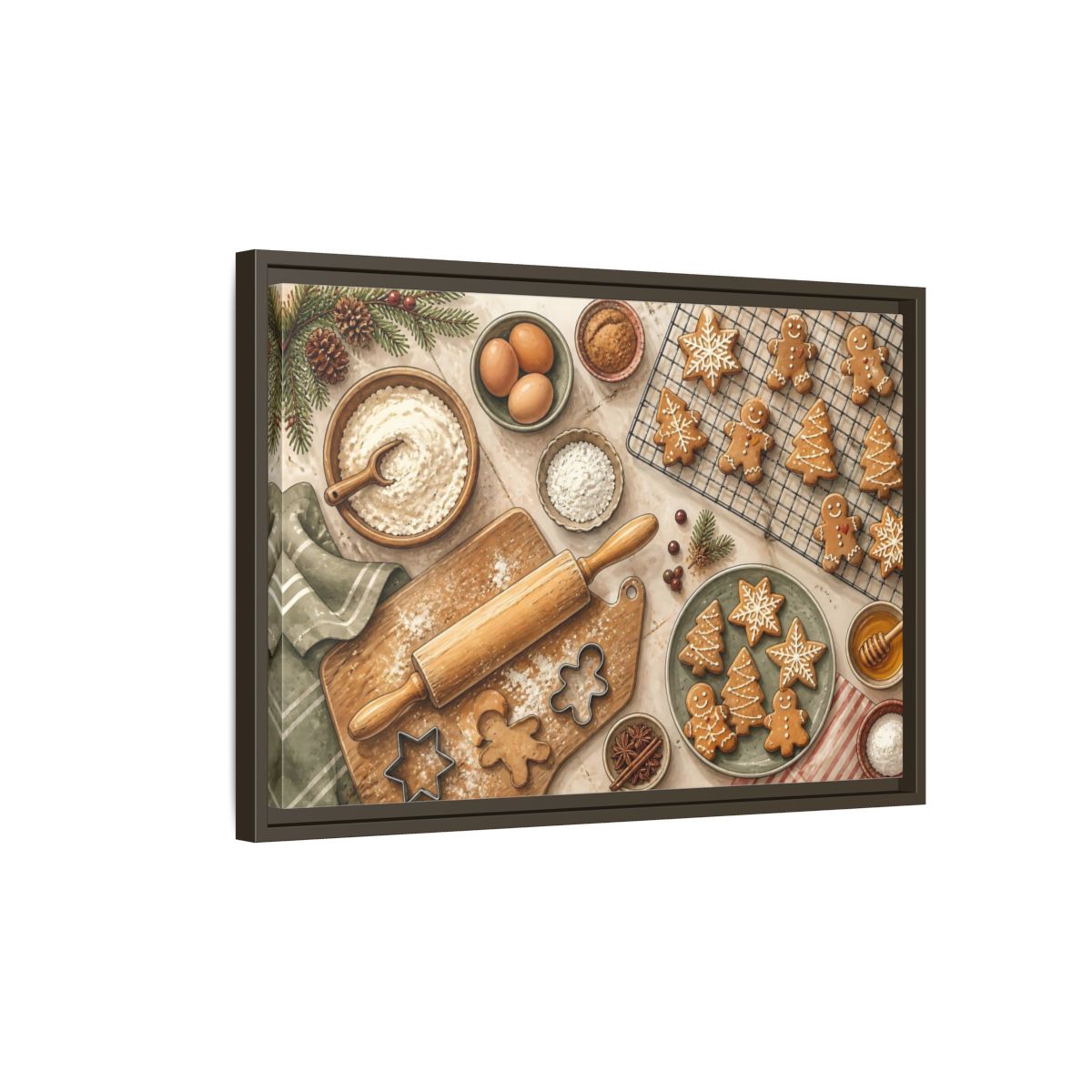 Side Mockup 2. Fairytale Gingerbread Cookies Warm Holiday Baking shown as stretched canvas wall art