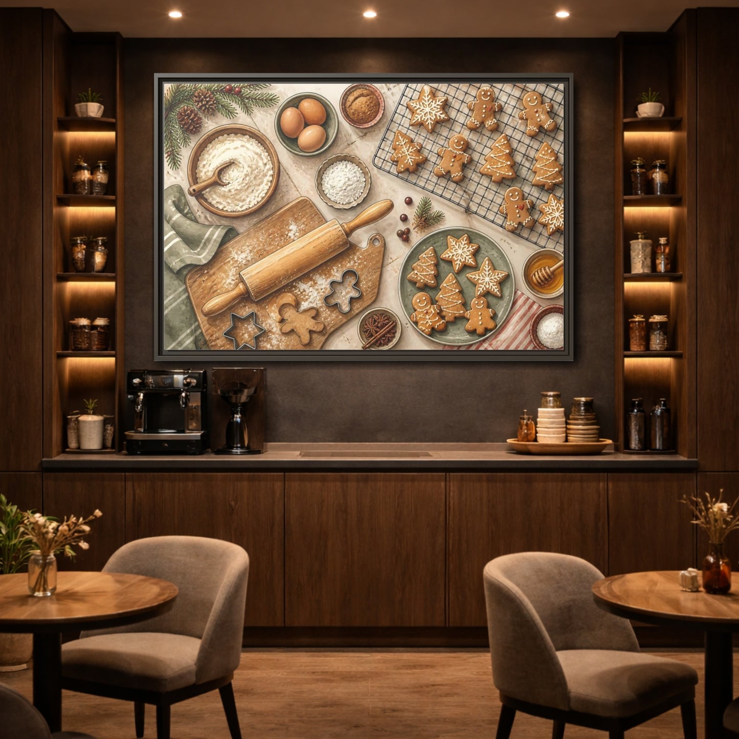 Mockup 2. Fairytale Gingerbread Cookies Warm Holiday Baking shown as stretched canvas wall art
