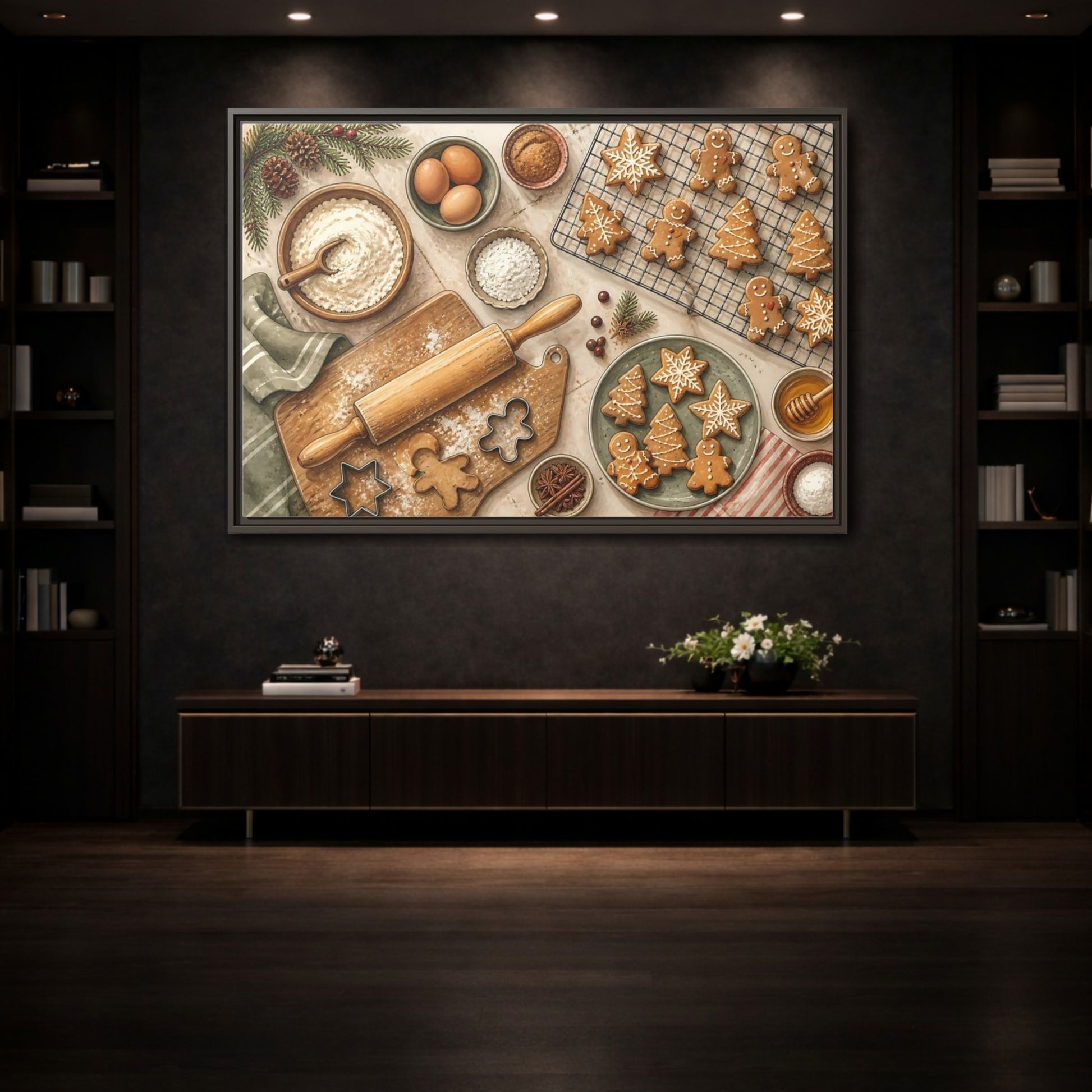 Mockup 3. Fairytale Gingerbread Cookies Warm Holiday Baking shown as stretched canvas wall art