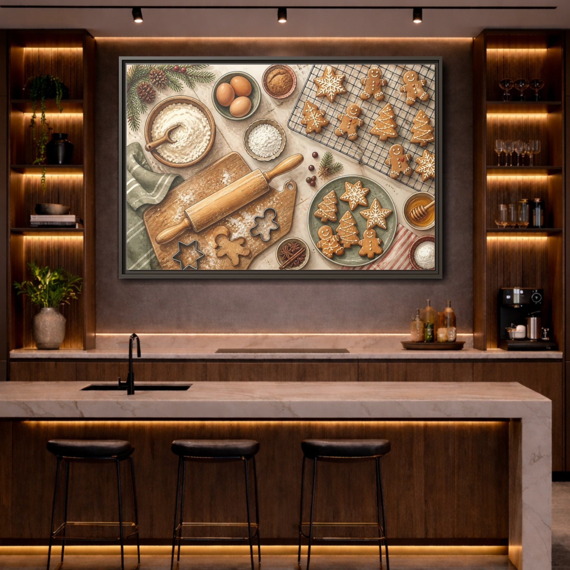 Mockup 4. Fairytale Gingerbread Cookies Warm Holiday Baking shown as stretched canvas wall art