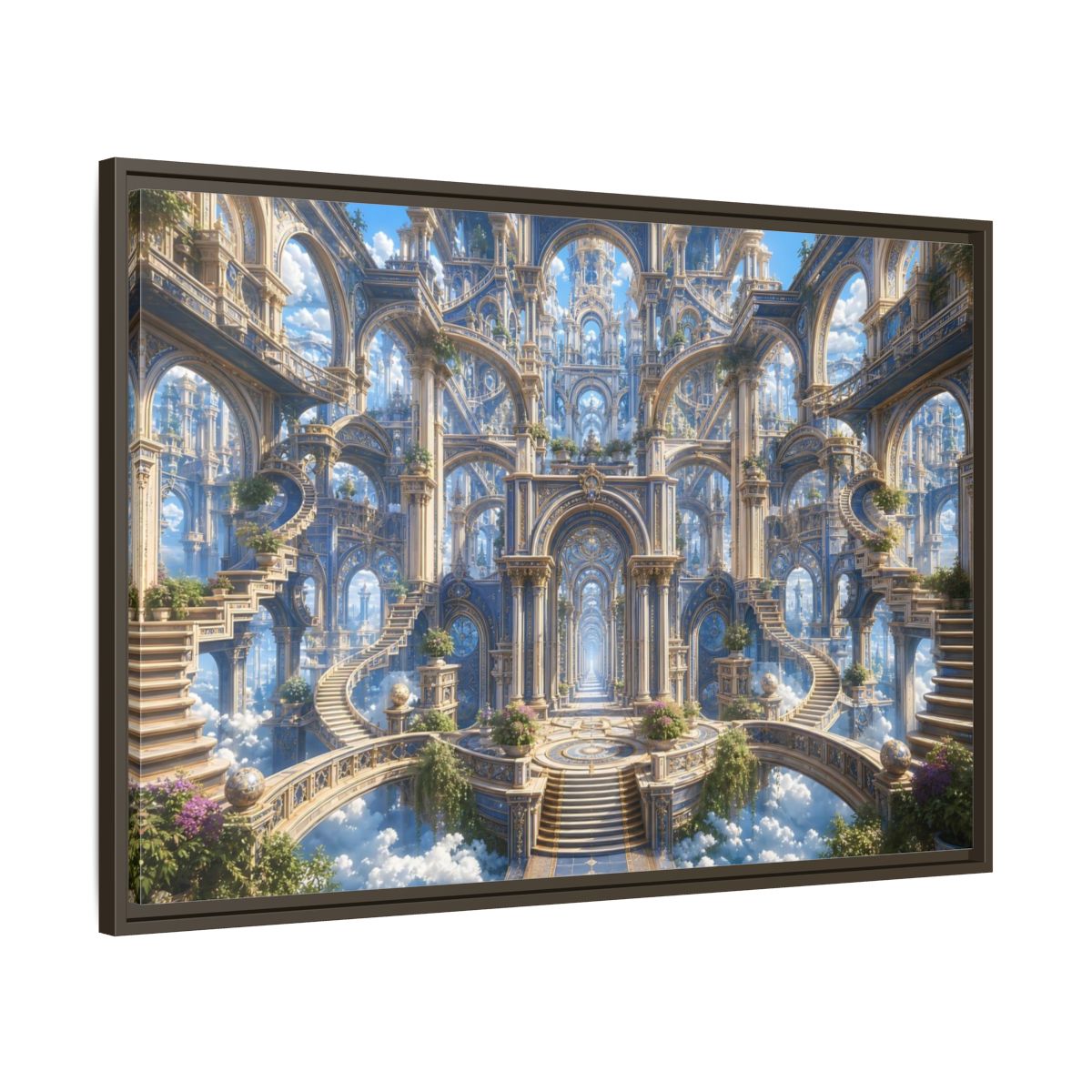 Main Mockup. Fairytale Grand Architecture Blue Gold Fantasy shown as stretched canvas wall art