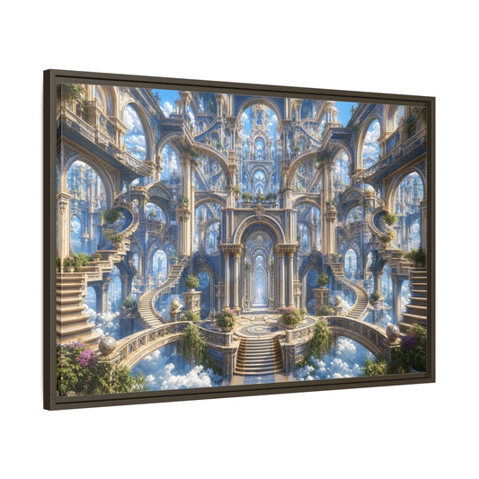 Main Mockup. Fairytale Grand Architecture Blue Gold Fantasy shown as stretched canvas wall art