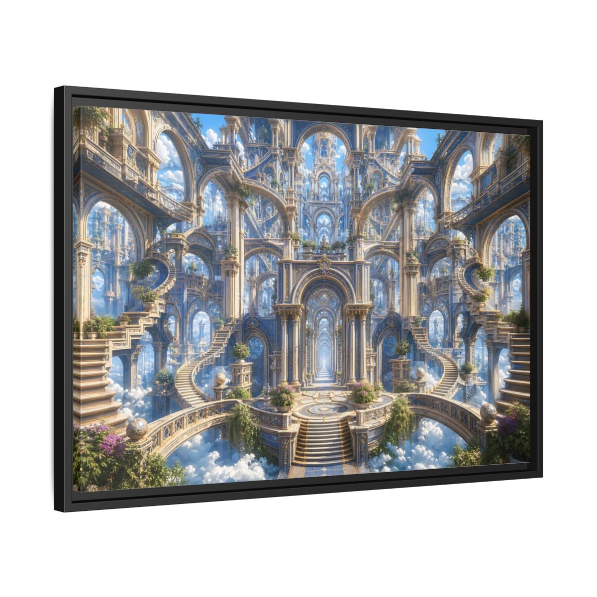 Side Mockup 14. Fairytale Grand Architecture Blue Gold Fantasy shown as stretched canvas wall art