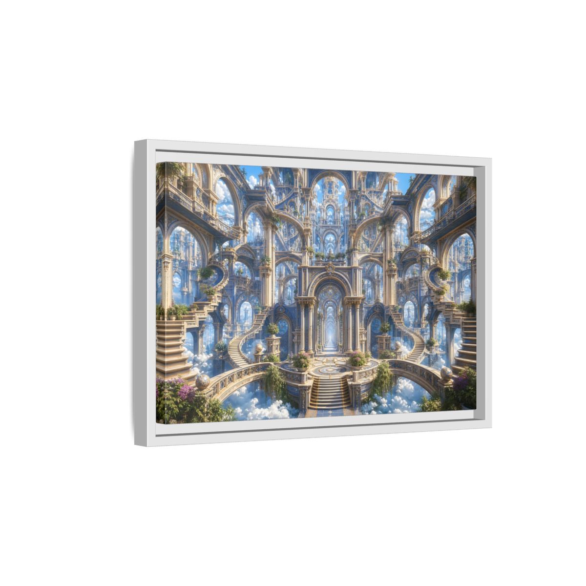 Side Mockup 4. Fairytale Grand Architecture Blue Gold Fantasy shown as stretched canvas wall art