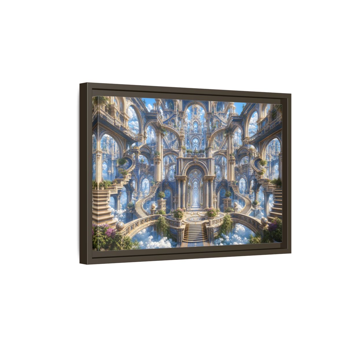 Side Mockup 5. Fairytale Grand Architecture Blue Gold Fantasy shown as stretched canvas wall art