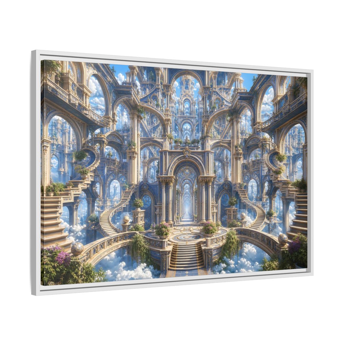 Side Mockup 9. Fairytale Grand Architecture Blue Gold Fantasy shown as stretched canvas wall art
