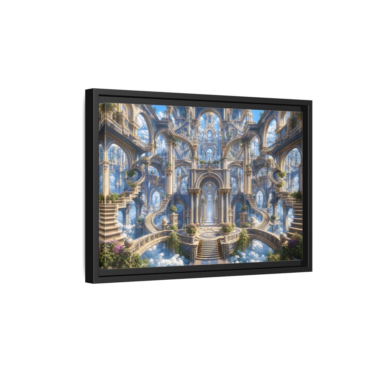 Side Mockup 6. Fairytale Grand Architecture Blue Gold Fantasy shown as stretched canvas wall art