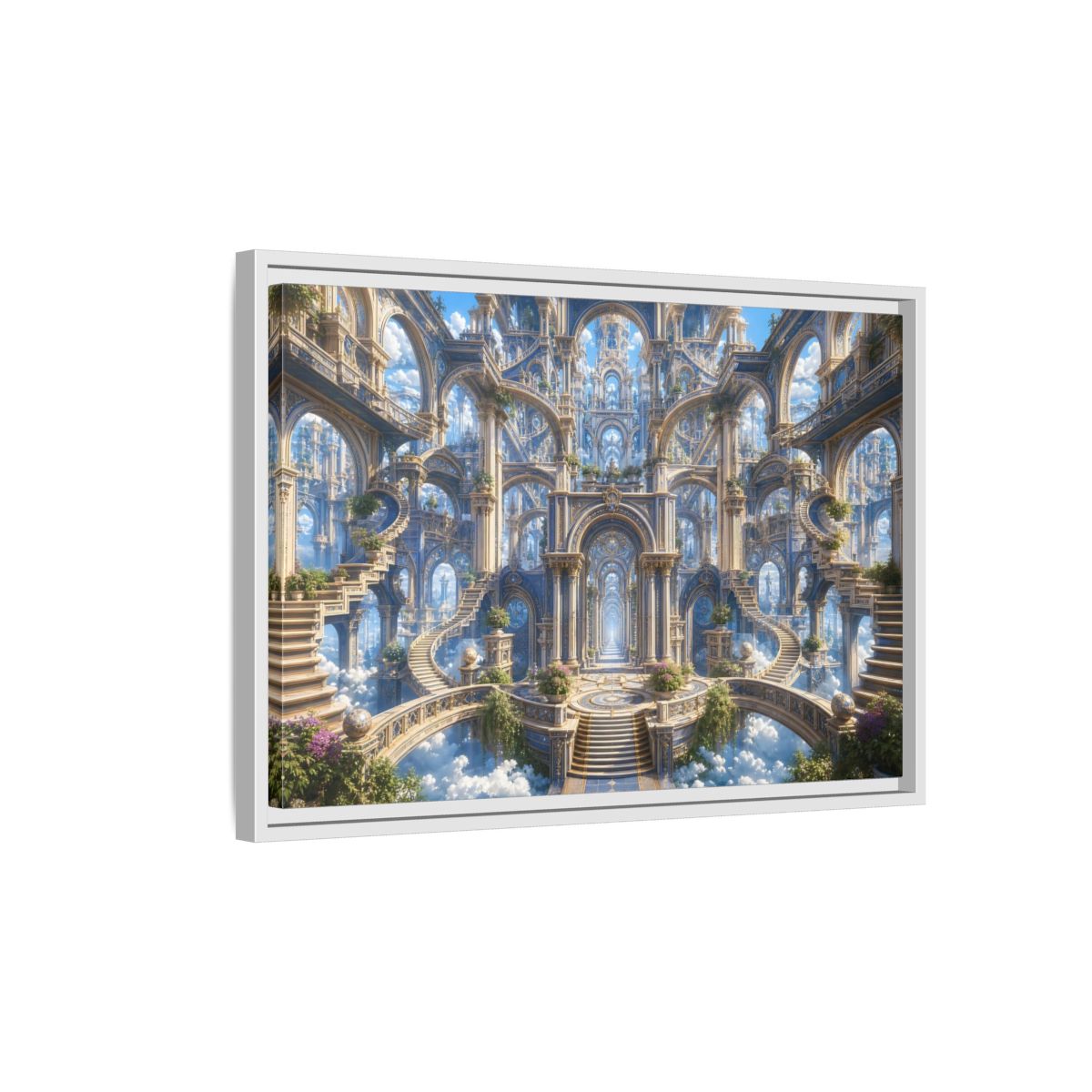 Side Mockup 1. Fairytale Grand Architecture Blue Gold Fantasy shown as stretched canvas wall art