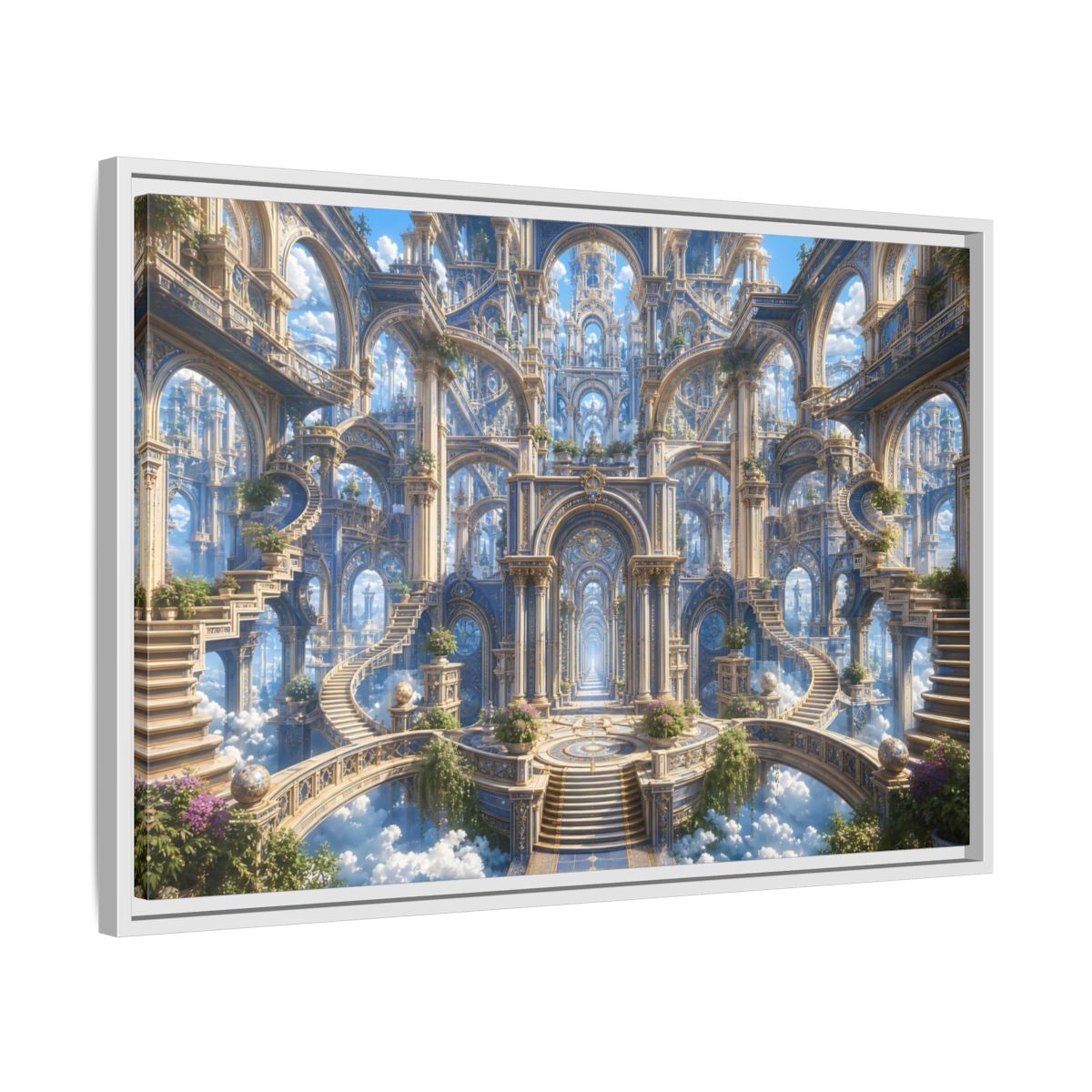 Side Mockup 10. Fairytale Grand Architecture Blue Gold Fantasy shown as stretched canvas wall art