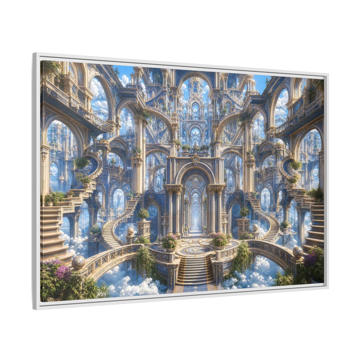 Side Mockup 7. Fairytale Grand Architecture Blue Gold Fantasy shown as stretched canvas wall art