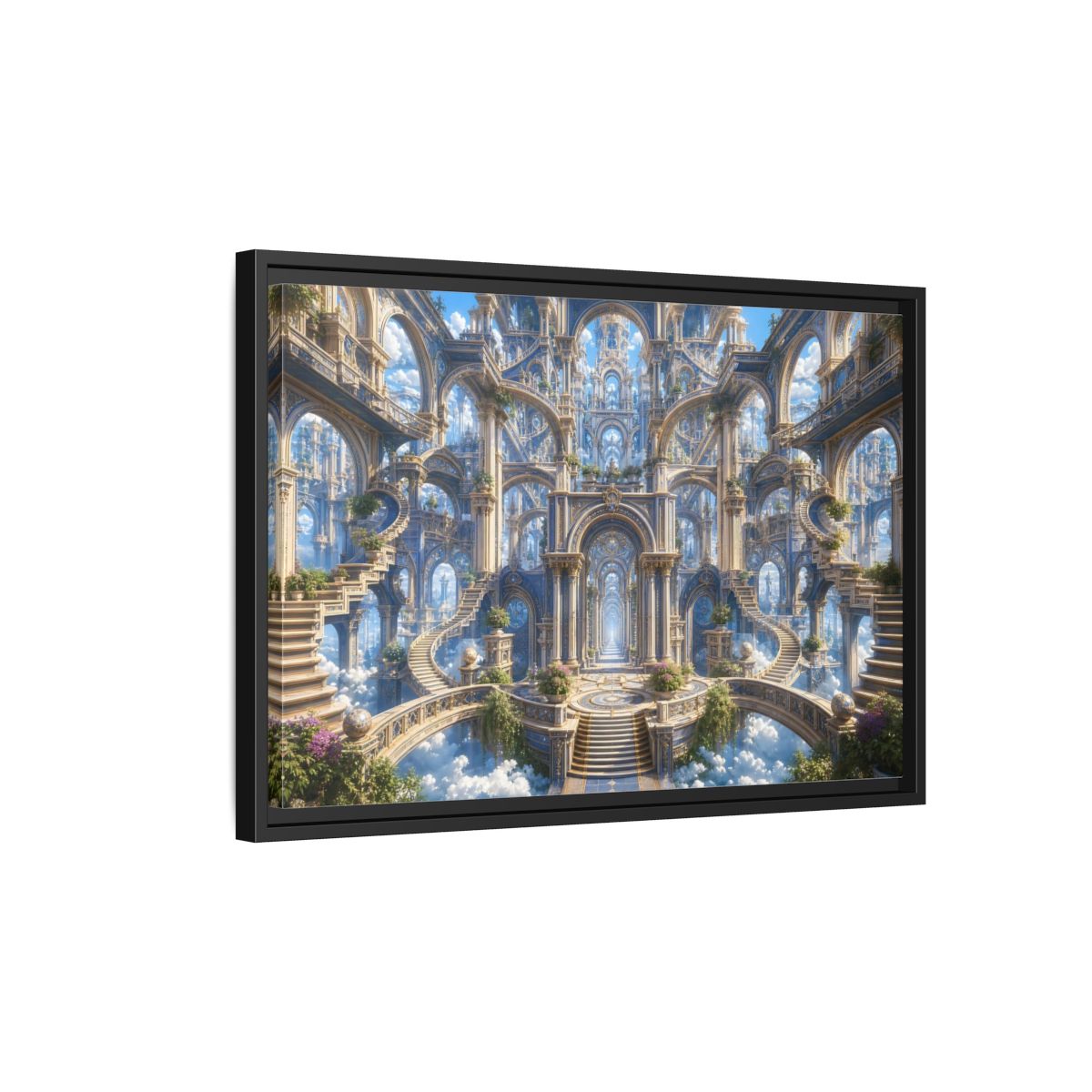 Side Mockup 3. Fairytale Grand Architecture Blue Gold Fantasy shown as stretched canvas wall art