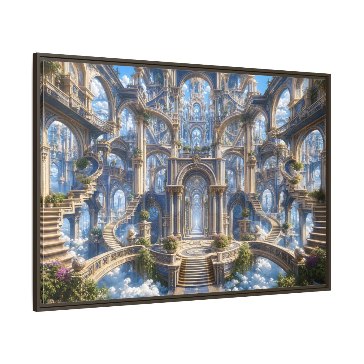 Side Mockup 8. Fairytale Grand Architecture Blue Gold Fantasy shown as stretched canvas wall art