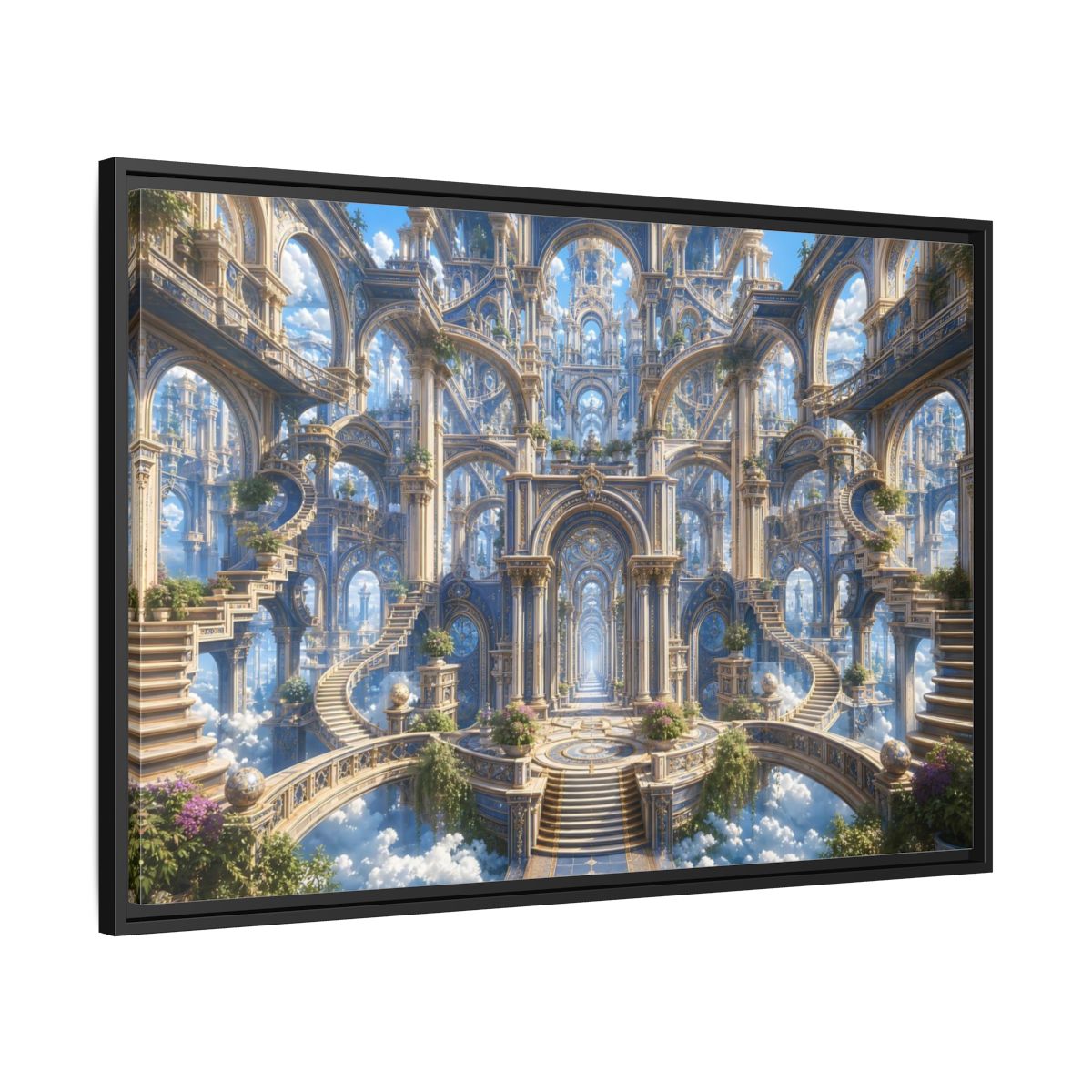 Side Mockup 13. Fairytale Grand Architecture Blue Gold Fantasy shown as stretched canvas wall art