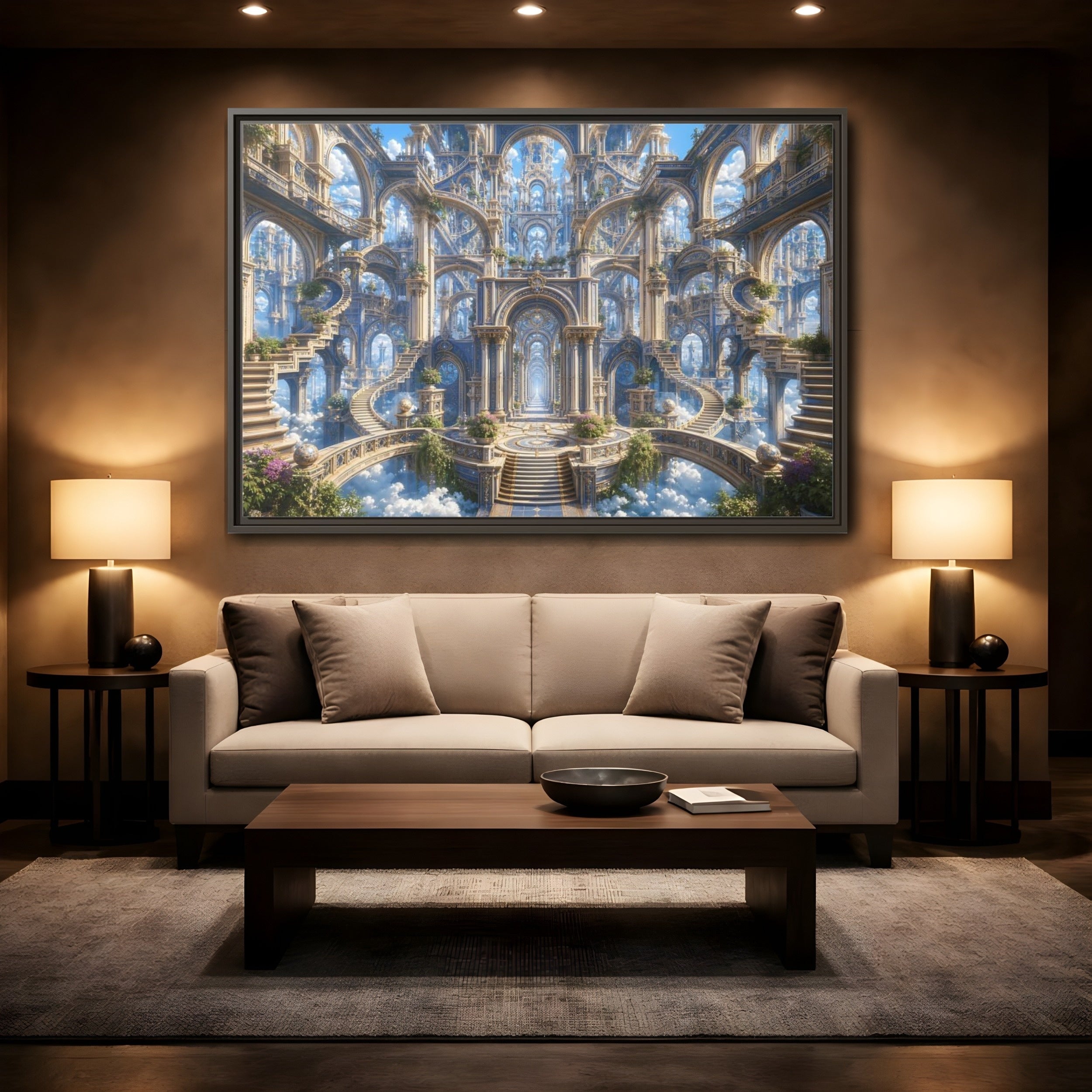 Mockup 2. Fairytale Grand Architecture Blue Gold Fantasy shown as stretched canvas wall art