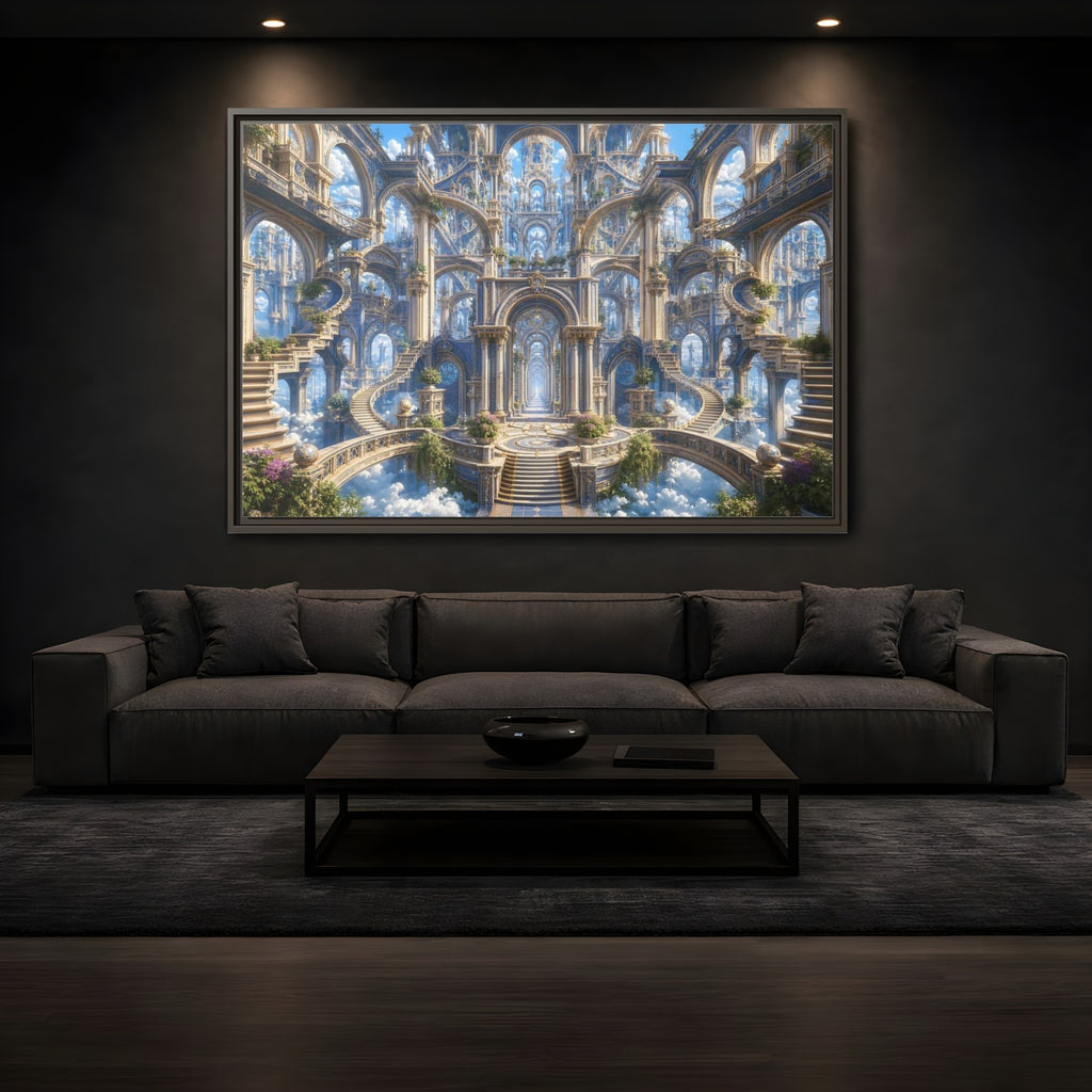 Mockup 3. Fairytale Grand Architecture Blue Gold Fantasy shown as stretched canvas wall art