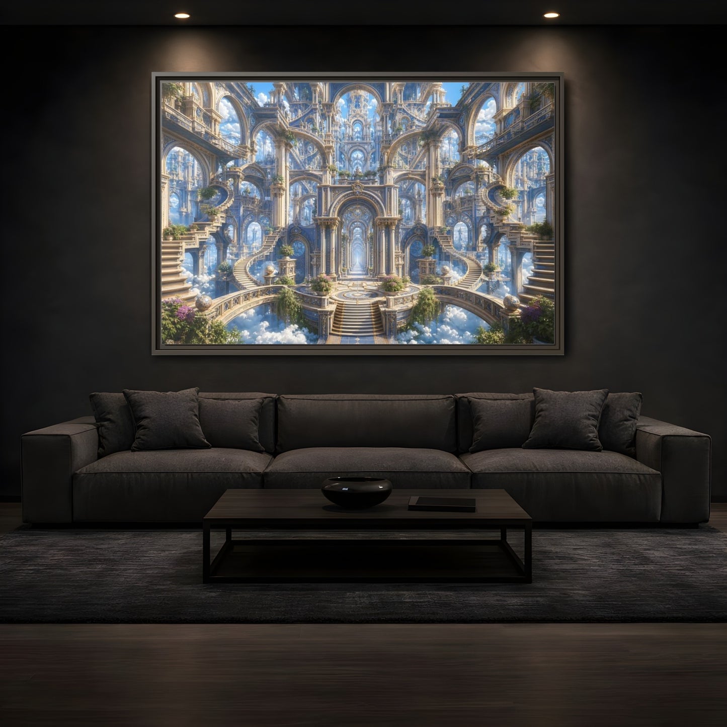 Mockup 3. Fairytale Grand Architecture Blue Gold Fantasy shown as stretched canvas wall art