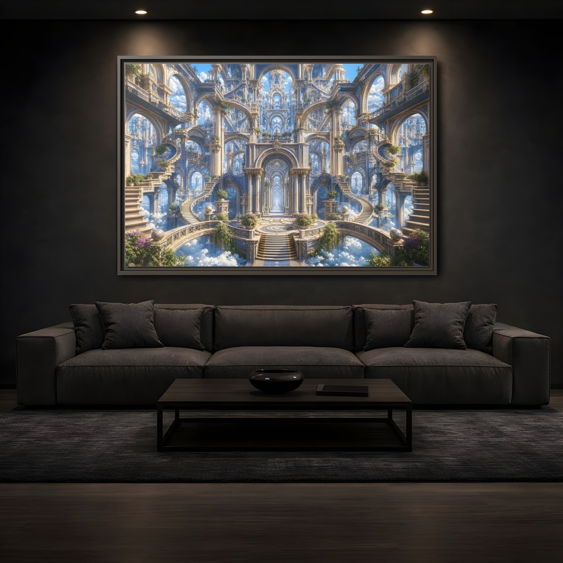 Mockup 3. Fairytale Grand Architecture Blue Gold Fantasy shown as stretched canvas wall art