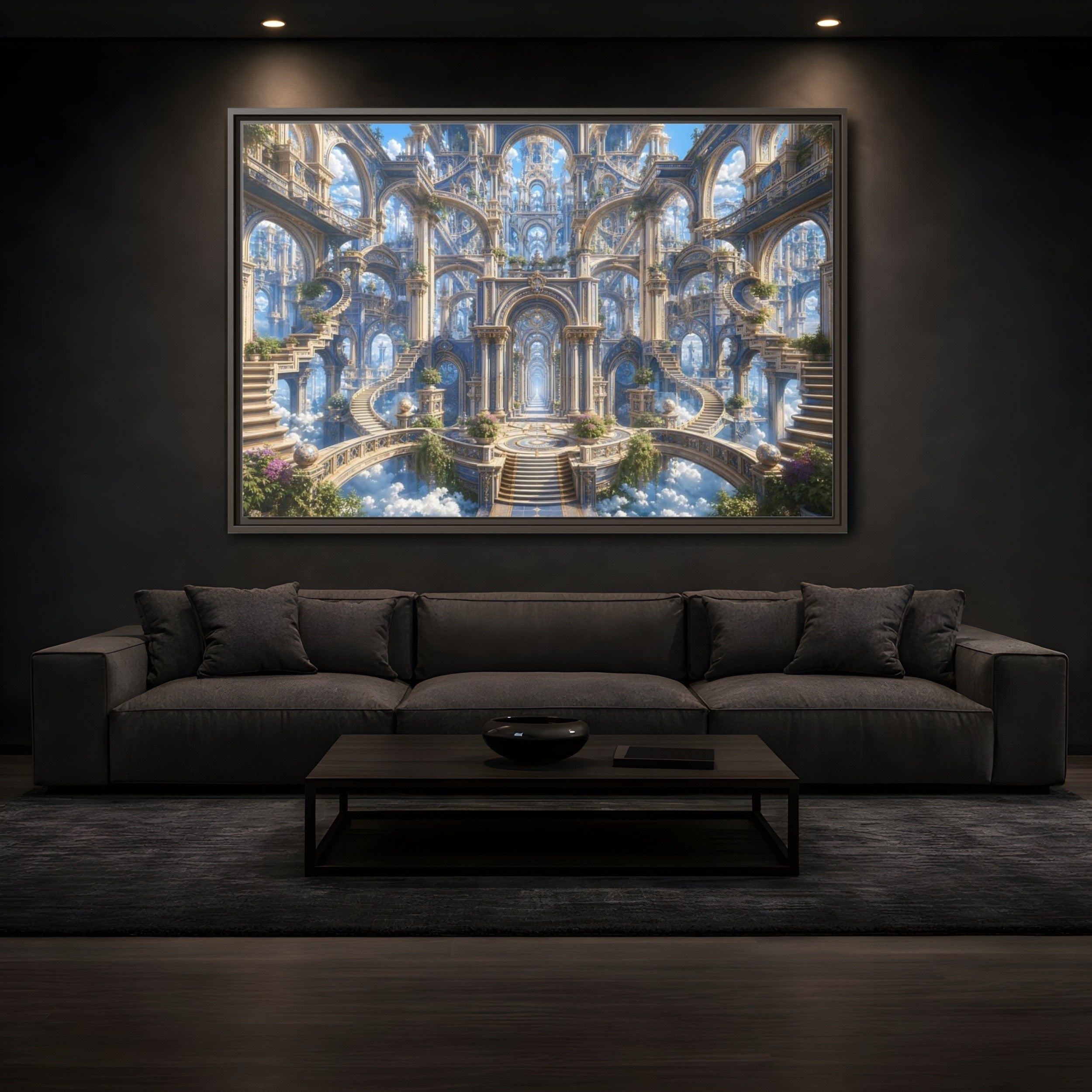 Mockup 3. Fairytale Grand Architecture Blue Gold Fantasy shown as stretched canvas wall art