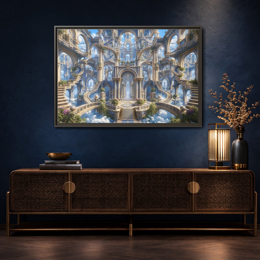 Mockup 4. Fairytale Grand Architecture Blue Gold Fantasy shown as stretched canvas wall art