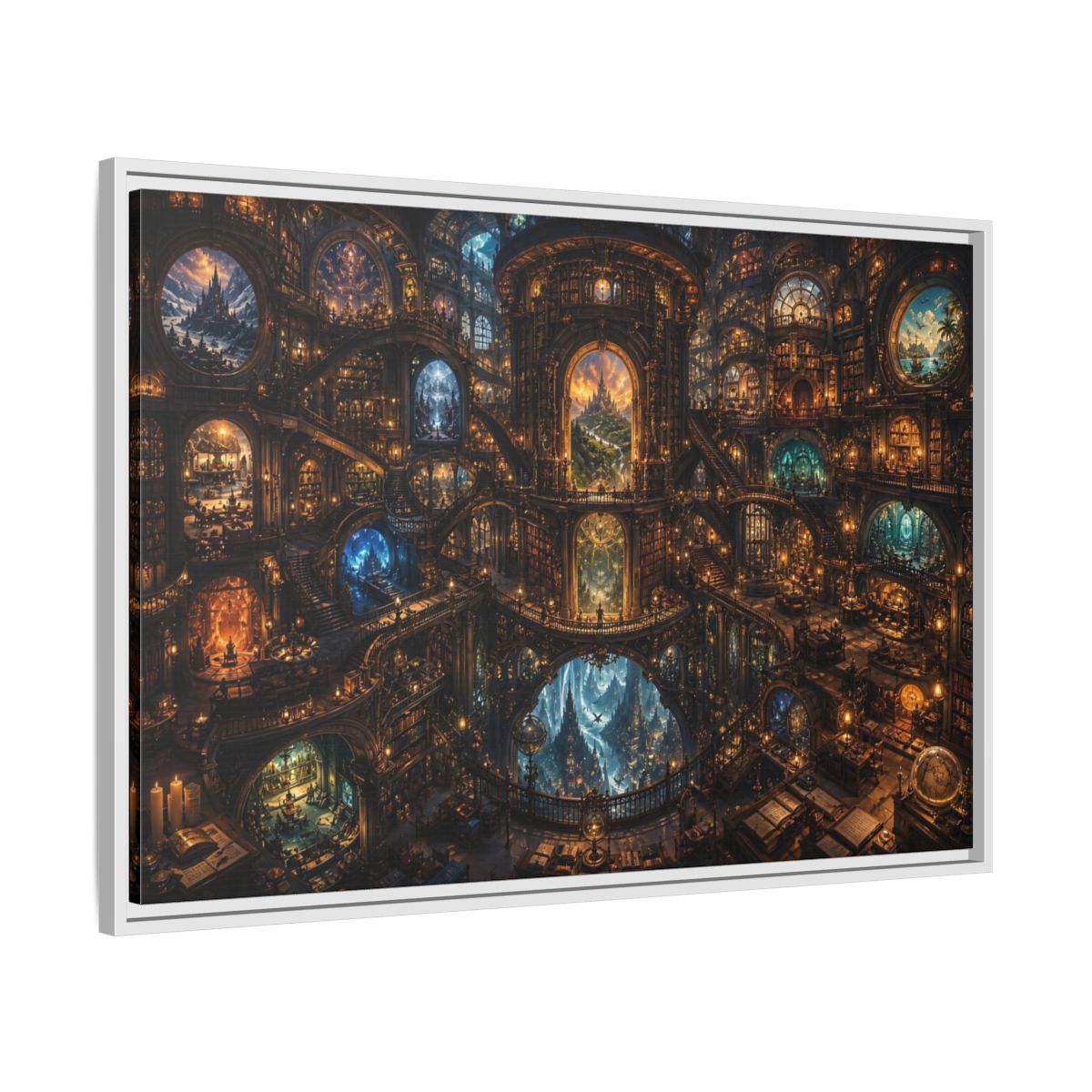 Side Mockup 9. Fairytale Grand Library Enchanted Library shown as stretched canvas wall art