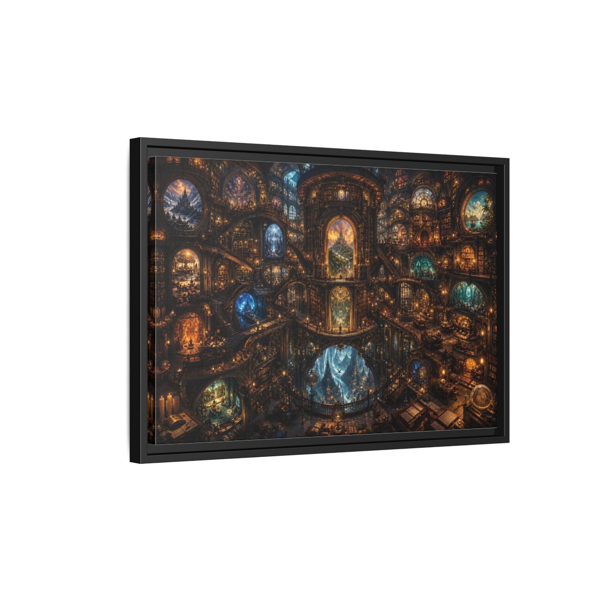 Side Mockup 3. Fairytale Grand Library Enchanted Library shown as stretched canvas wall art