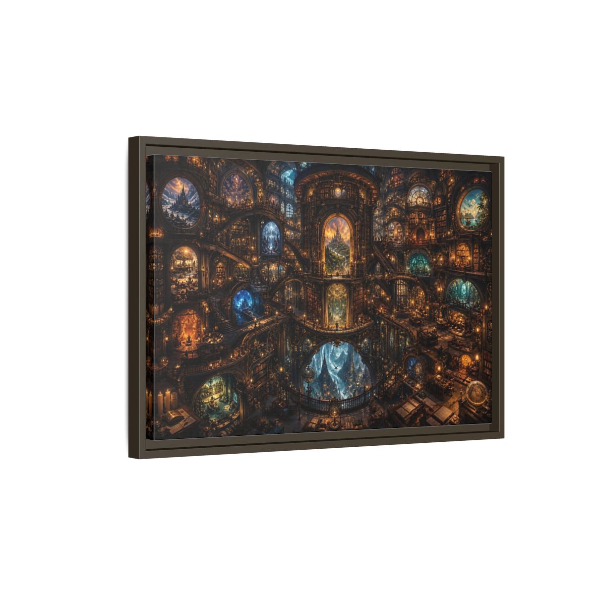 Side Mockup 2. Fairytale Grand Library Enchanted Library shown as stretched canvas wall art