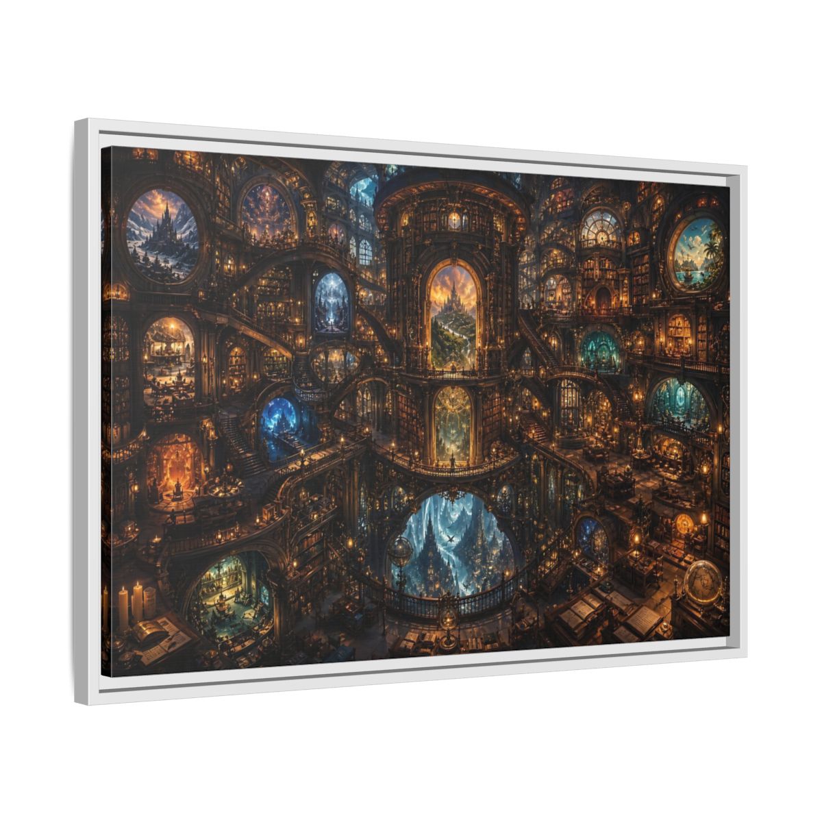 Side Mockup 10. Fairytale Grand Library Enchanted Library shown as stretched canvas wall art