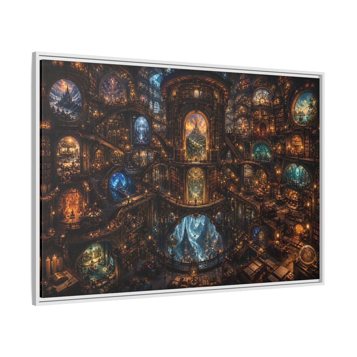 Side Mockup 7. Fairytale Grand Library Enchanted Library shown as stretched canvas wall art