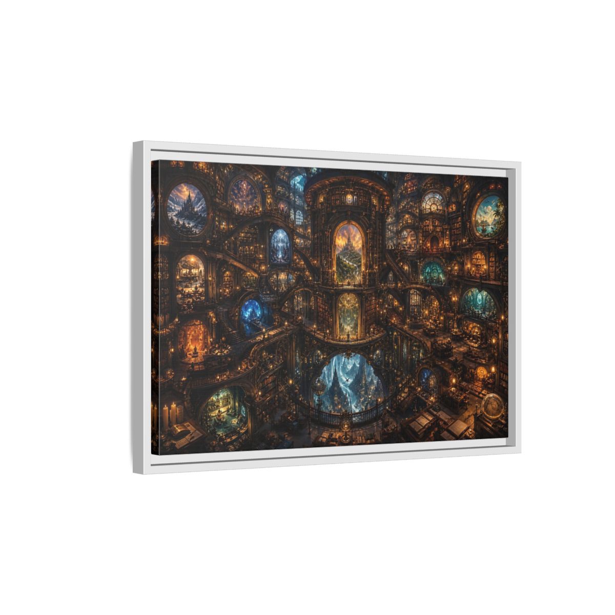 Side Mockup 1. Fairytale Grand Library Enchanted Library shown as stretched canvas wall art