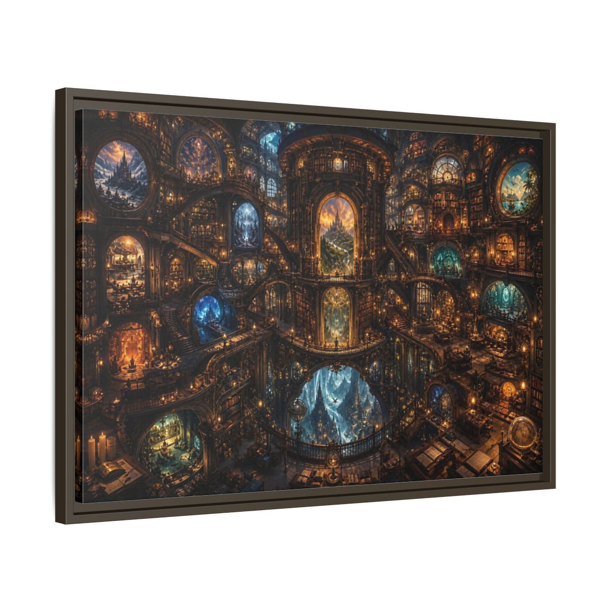 Side Mockup 11. Fairytale Grand Library Enchanted Library shown as stretched canvas wall art