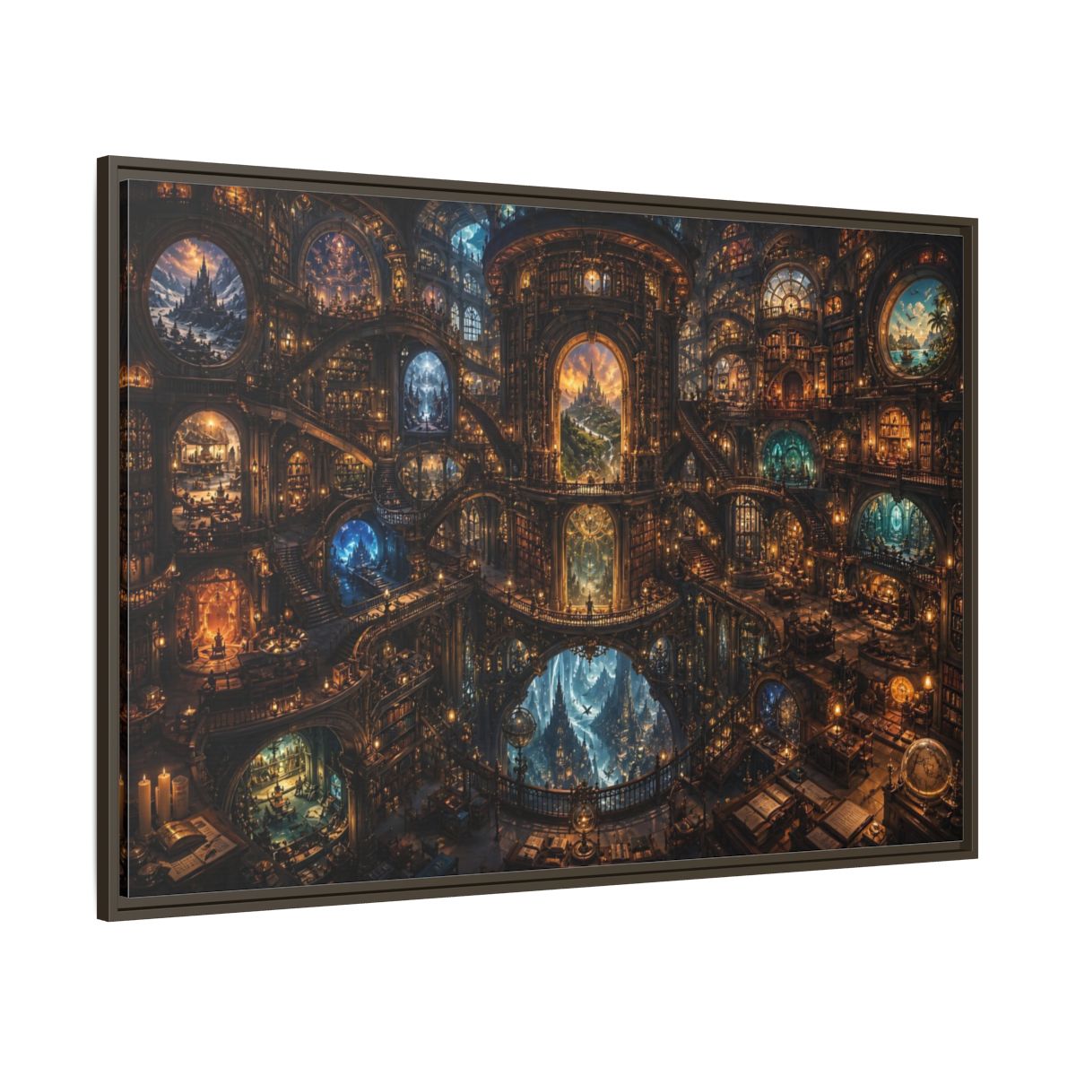 Side Mockup 8. Fairytale Grand Library Enchanted Library shown as stretched canvas wall art