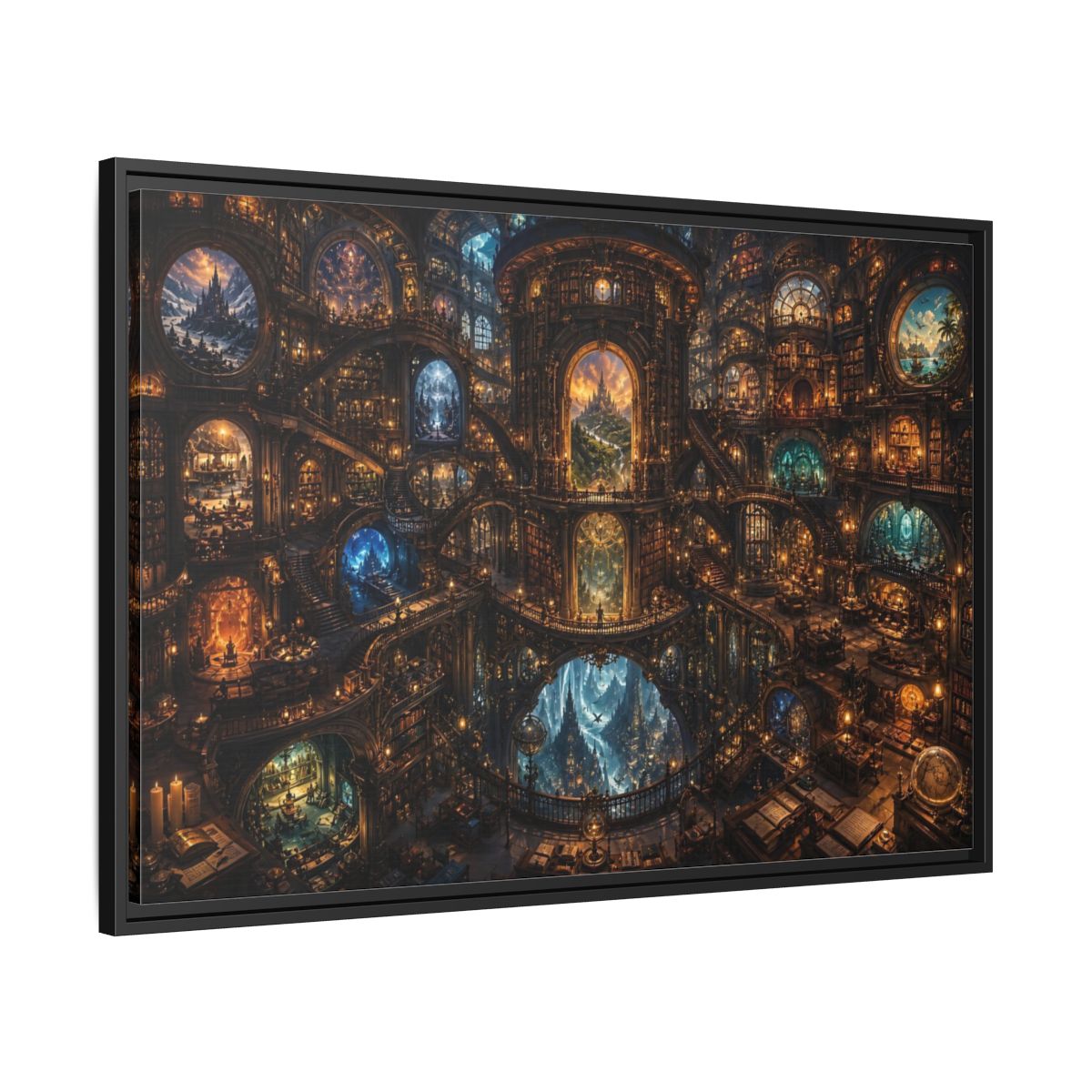 Side Mockup 13. Fairytale Grand Library Enchanted Library shown as stretched canvas wall art
