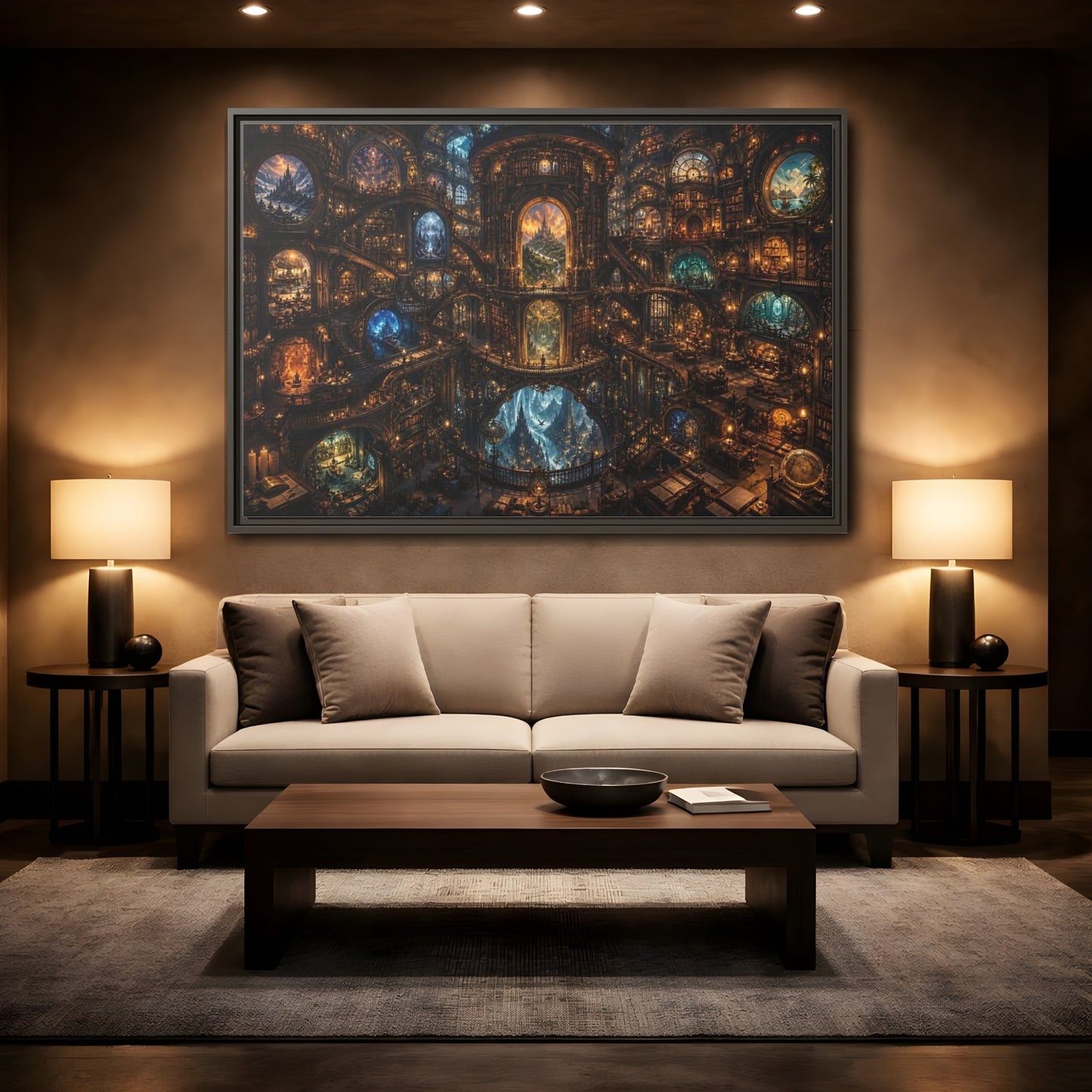 Mockup 2. Fairytale Grand Library Enchanted Library shown as stretched canvas wall art
