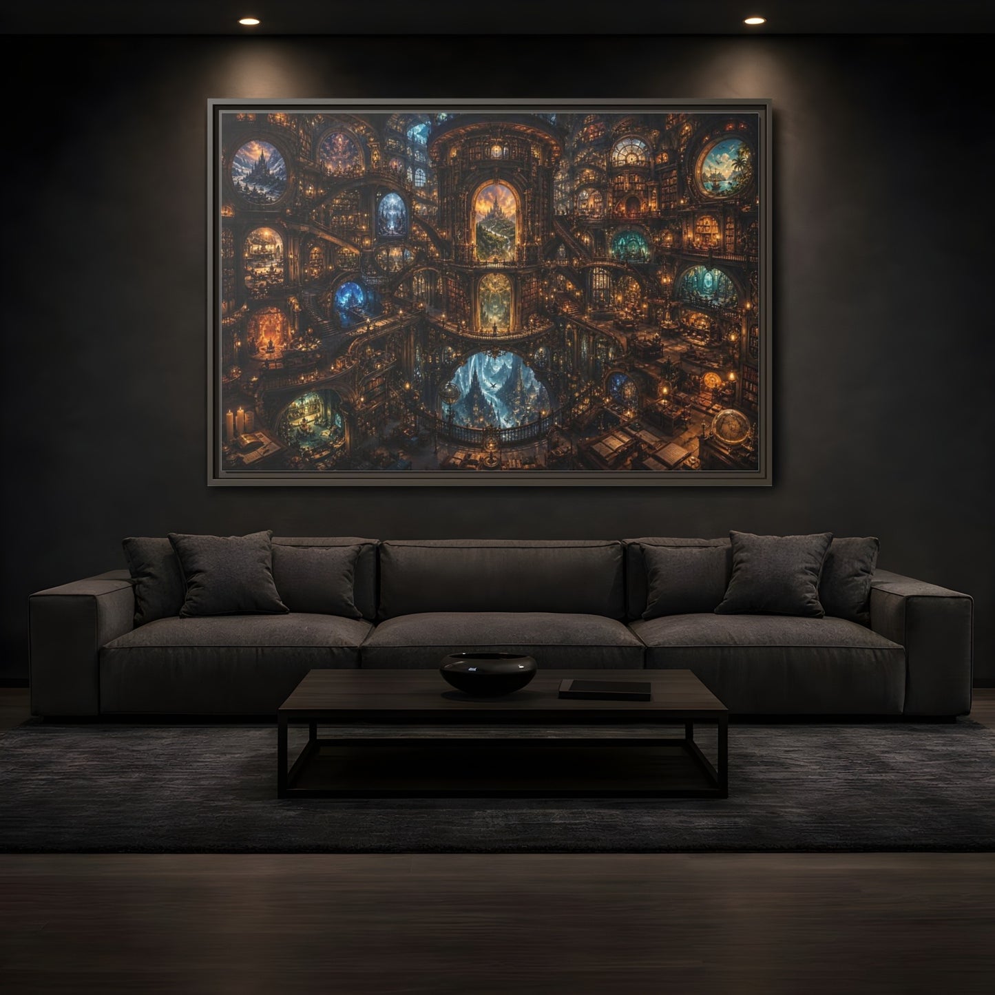Mockup 3. Fairytale Grand Library Enchanted Library shown as stretched canvas wall art