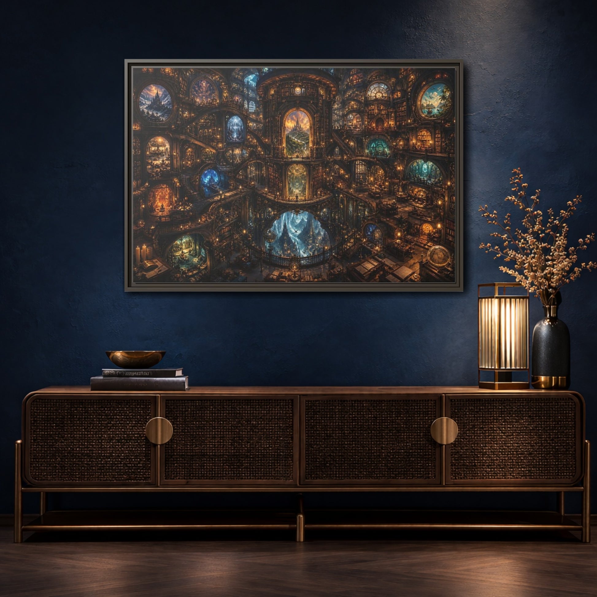 Mockup 4. Fairytale Grand Library Enchanted Library shown as stretched canvas wall art