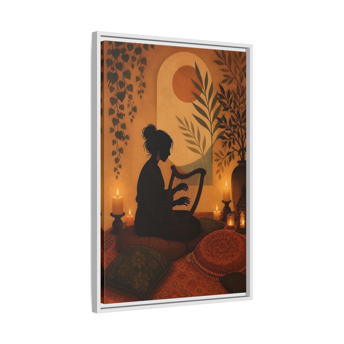Side Mockup 10. Fairytale Harpist Bohemian Harpist shown as framed canvas print