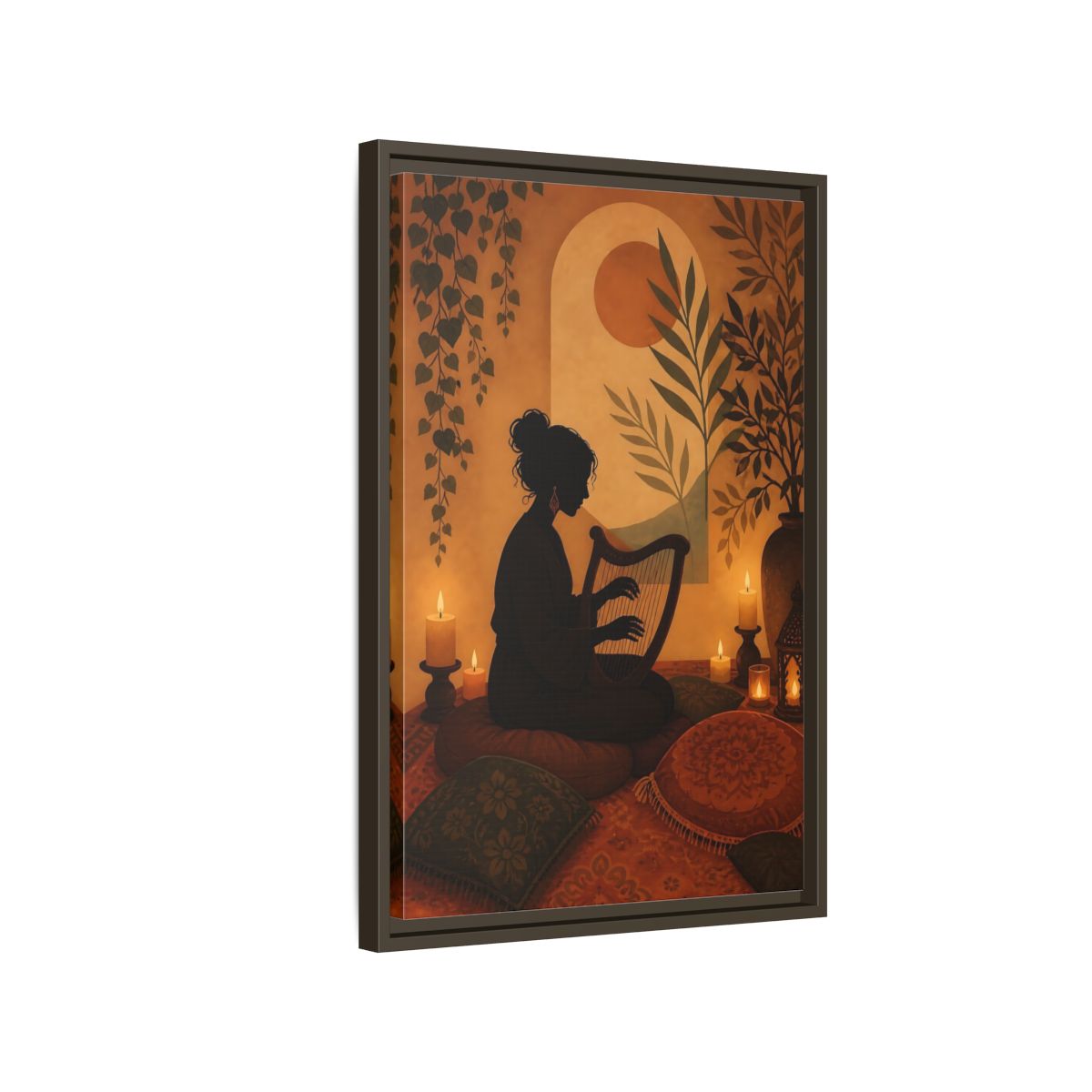 Side Mockup 2. Fairytale Harpist Bohemian Harpist shown as framed canvas print