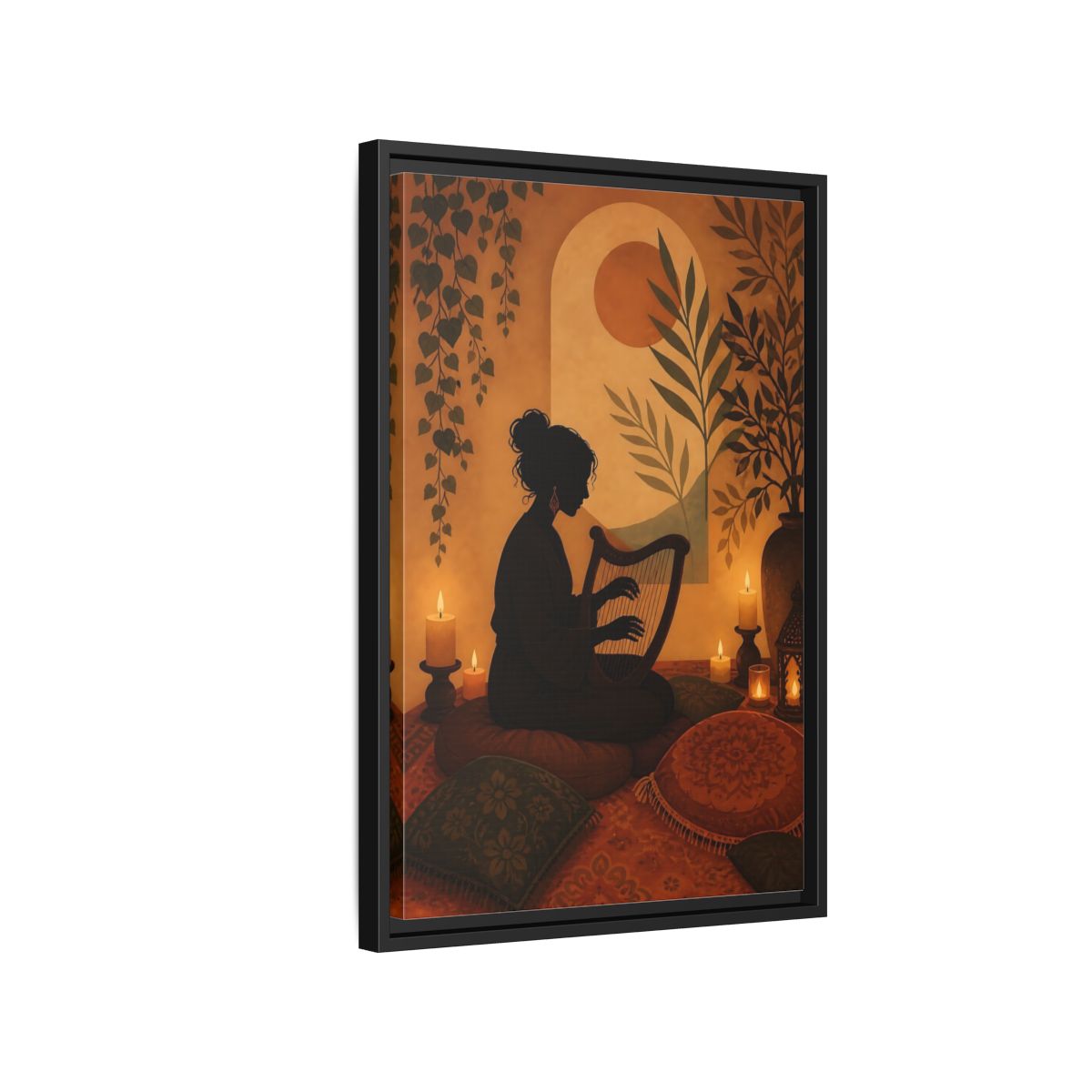 Side Mockup 3. Fairytale Harpist Bohemian Harpist shown as framed canvas print