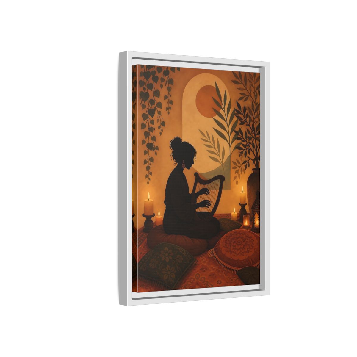 Side Mockup 4. Fairytale Harpist Bohemian Harpist shown as framed canvas print