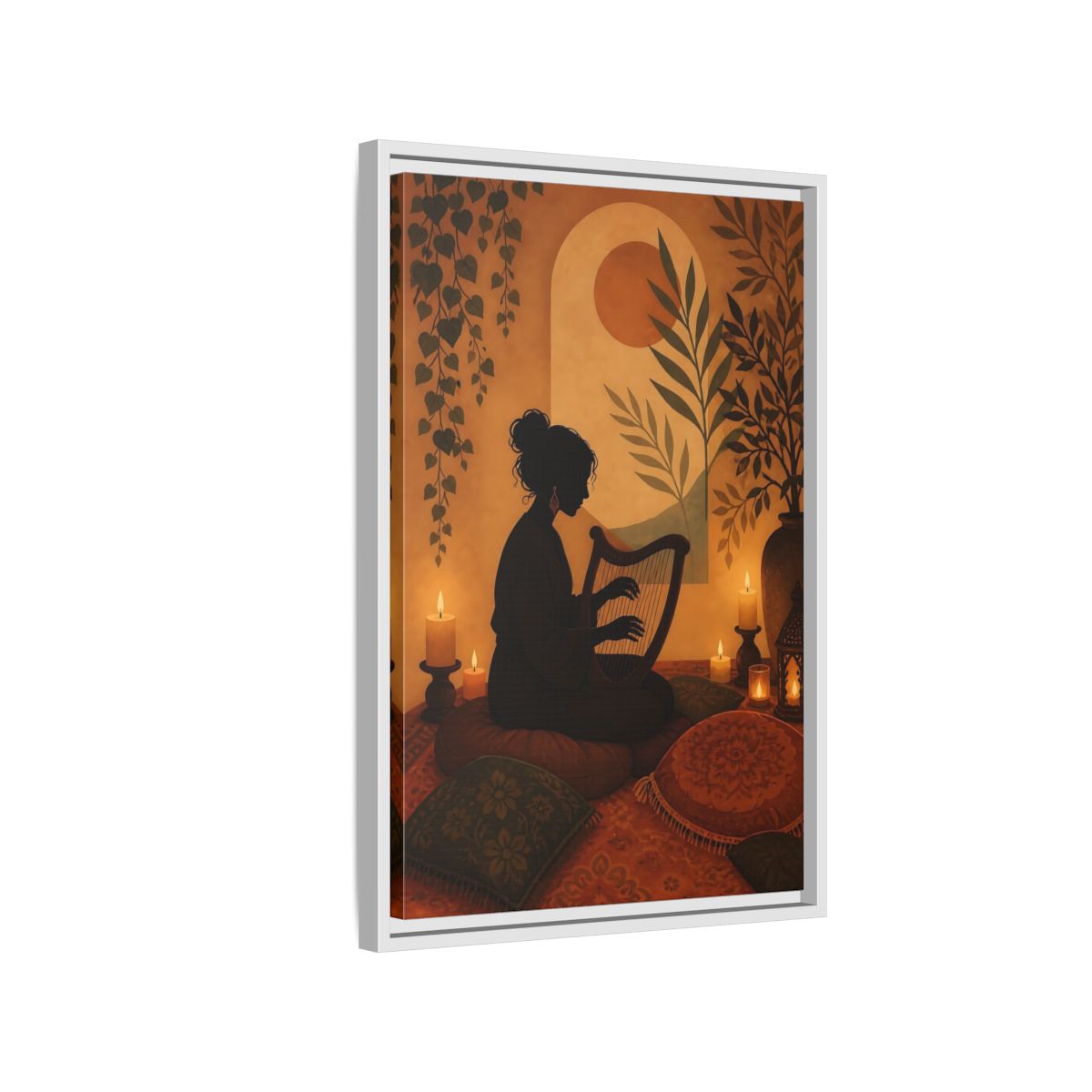 Side Mockup 1. Fairytale Harpist Bohemian Harpist shown as framed canvas print