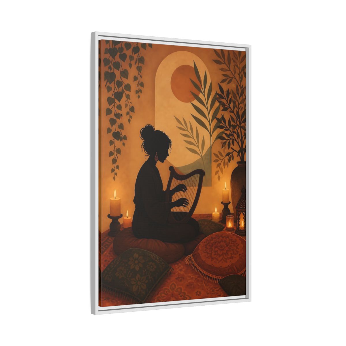 Side Mockup 9. Fairytale Harpist Bohemian Harpist shown as framed canvas print