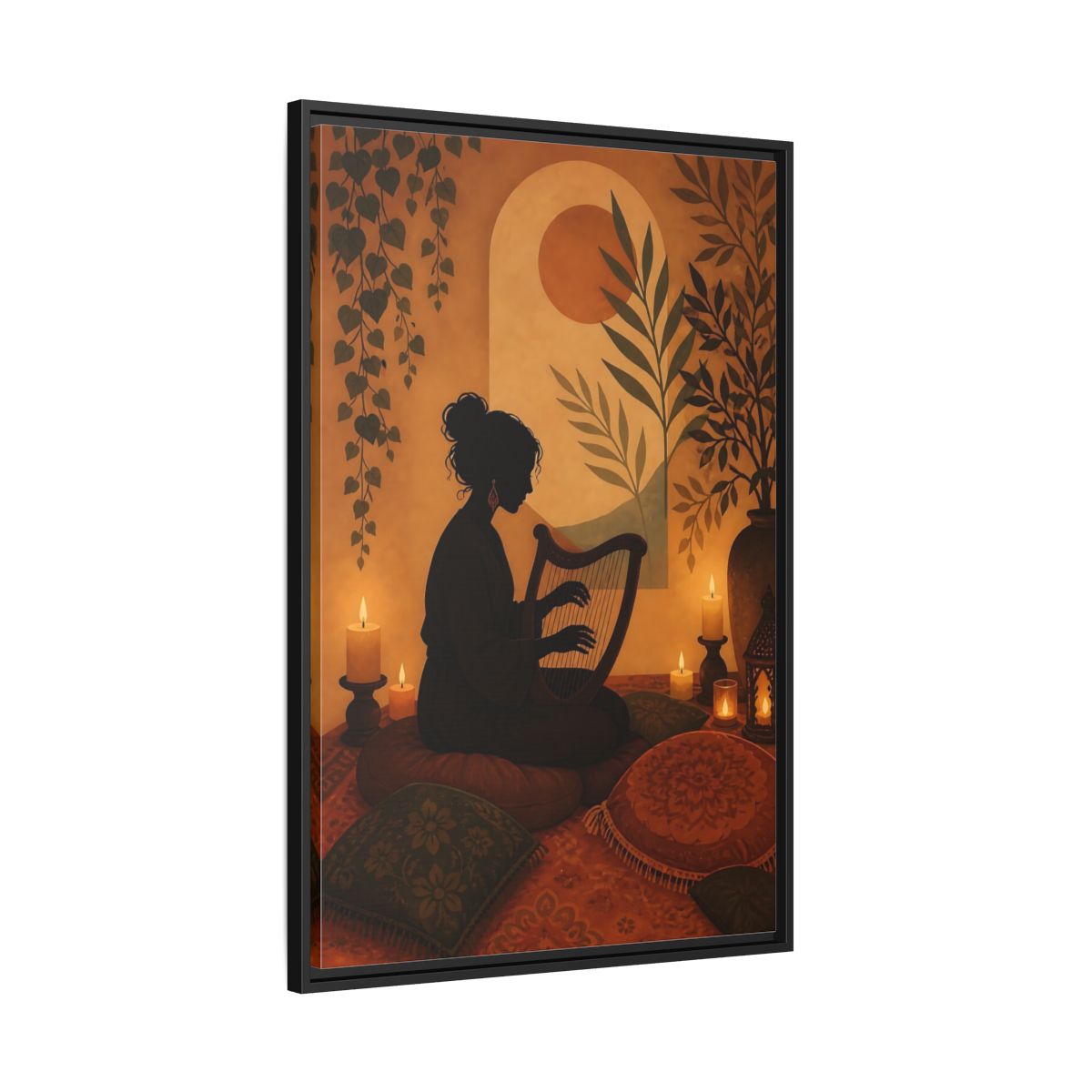 Side Mockup 13. Fairytale Harpist Bohemian Harpist shown as framed canvas print